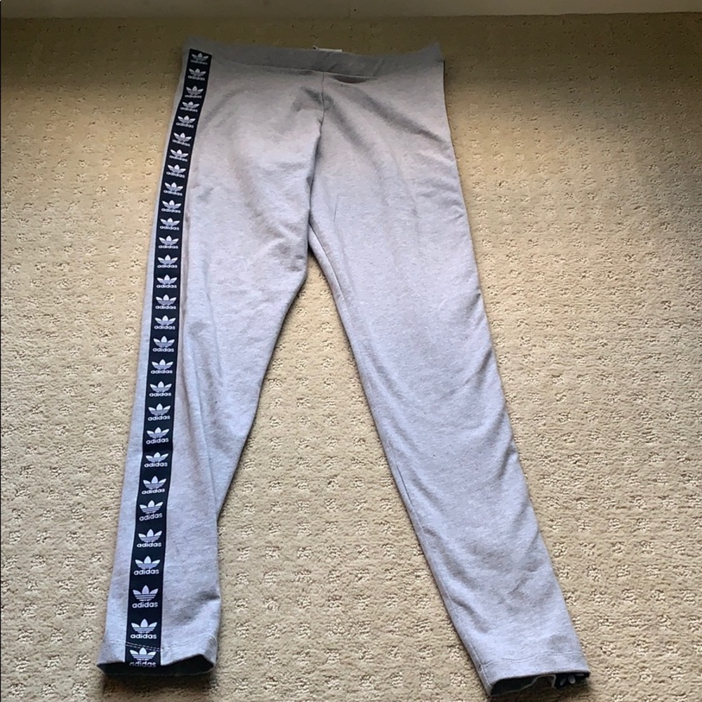 adidas Gray Leggings with Black and White Logo Stripe